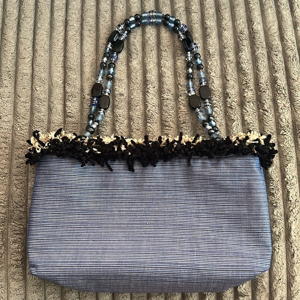 Pritz Sisters Blue Reversable Handmade Handbag Shoulder Bag w/ Beaded Handles